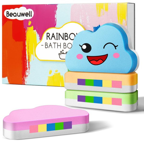 Rainbow Bath Bombs Gift Set, Handmade Organic 4 Pcs Bath Bombs for Kids Girls, Natural Bubble Bath Birthday Valentines Day Gifts for Kids Her, Kids Bath Bombs