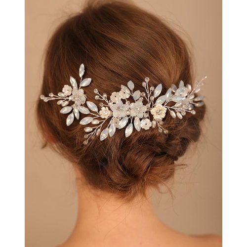 Rumtock Opal Crystal Beads Silver Hair Comb Hair Pins Set for Wedding Brides Women Banquet Dancing Ball Handmade Hair Piece (Silver)