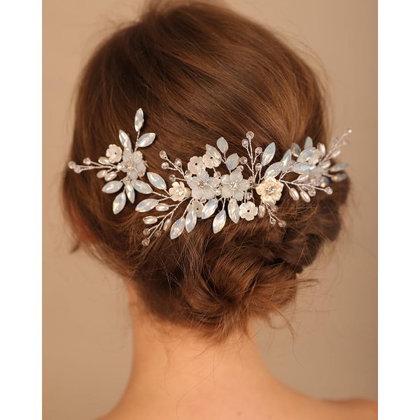 Rumtock Opal Crystal Beads Silver Hair Comb Hair Pins Set for Wedding Brides Women Banquet Dancing Ball Handmade Hair Piece (Silver)