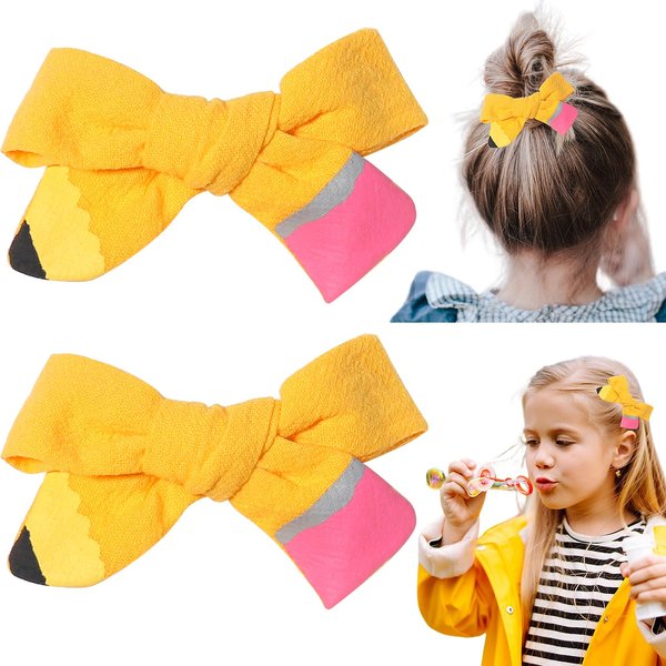Back to School Hair Clips Pencil Hair Bows Ponytail Holder Yellow Bow Hair Clips for Baby Girls' First Day of School Kindergarten Students Snap Hairpin Handmade Cheer Gifts Decor 2pcs