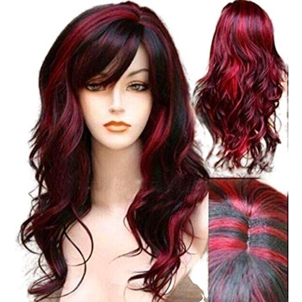 MeCamping Short Curly Wig with Bangs Synthetic Long Hair Wavy Red Mixed Black Wigs Party Cosplay Costume Halloween Wig Resistant Fiber Hair for Women Girls, 24 Inch (Pack of 1), Red mixed with black
