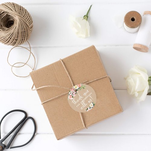 Andaz Press Peach Coral Kraft Brown Rustic Floral Garden Party Wedding Collection, Round Circle Gift Tags, Thank You for Celebrating with US, 24-Pack