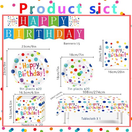 Happy Birthday Decorations-Kids' Birthday Party Supplies with Dots Design, Party Supplies Set Includes Disposable Paper Happy Birthday Plates Tablecloth, and Banner for Boys/Girls, Serves 20.