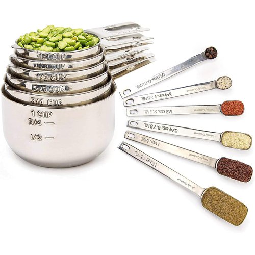 Simply Gourmet Measuring Cups and Spoons Set of 12, 304 Premium Stainless Steel, Stackable Cups Long Handle Spoons Fits Narrow Jars, Kitchen Gadgets for Liquid & Dry Ingredients Cooking Baking