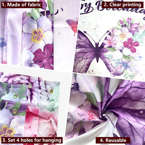Butterfly Happy Birthday Backdrop, Purple Butterfly Decorations Banner for Women, Happy birthday banner for Baby Shower Fairy Birthday Decorations, Spring Butterfly Birthday Party Supplies