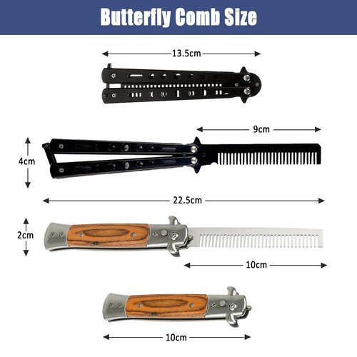 2 PCS Butterfly Comb Stainless Steel and Wood Grain folding beard combs Foldable Pocket Comb For Beard, Mustache,Scalp Hair,Salon Beauty Tool