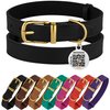 BRONZEDOG Leather Dog Collar with QR ID Tag Basic Pet Collars for Small Mini Dogs Cats Puppies (9-11 Inch (Pack of 1), Black & Gold Buckle)