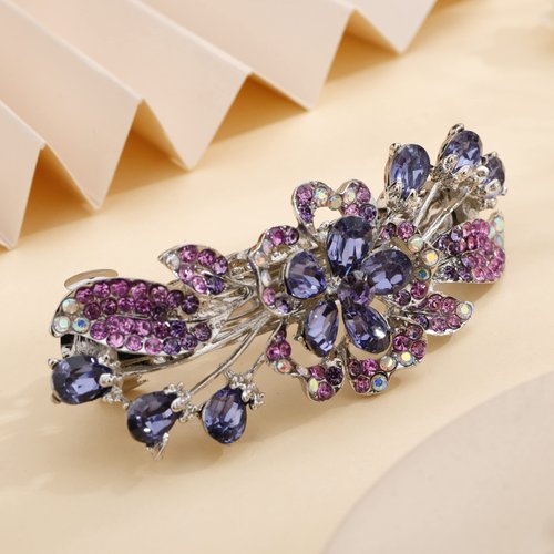 Missgrace Fashion Retro Ponytail Holders Hair Barrettes Flower Crystal Rhinestones Barrettes Blue Purple Spring Hair Barrettes Clip Hair Accessories for Women (Purple)