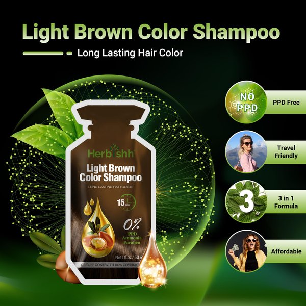 Herbishh Hair Color Shampoo 10 Sachet +1 Argan Hair Mask Pouch | 3 in 1 Hair Dye | PPD Free | Easy to Use | Gray Coverage | Travel Size | Available in 6 Colors | (Light Brown)