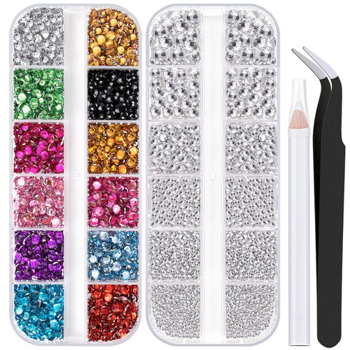 Two Boxes (1.5-6mm) of Flatback Round Multiple Color Nail Art Rhinestones Colorful Crystal Kits 12 Colors+Transparent White Rhinestones with Pickup Pencil & Tweezer for DIY Professional Use (4520 Pcs)