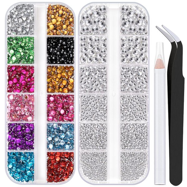 Two Boxes (1.5-6mm) of Flatback Round Multiple Color Nail Art Rhinestones Colorful Crystal Kits 12 Colors+Transparent White Rhinestones with Pickup Pencil & Tweezer for DIY Professional Use (4520 Pcs)