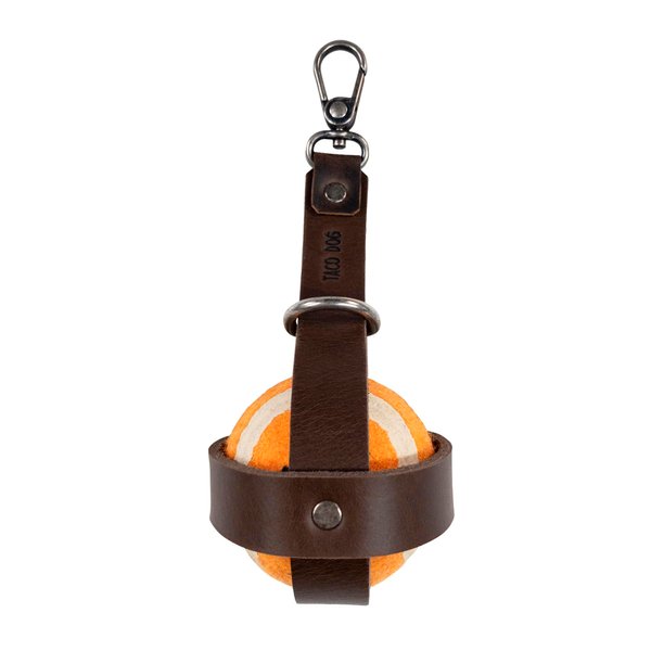 TACO DOG, Dog Ball Holder with Hook, Chasing Pet Toy Storage, Leash Attachment Case, Outdoor Pet Accessories, Thick Full Grain Leather, Handmade, Bourbon Brown