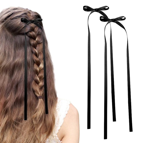 Bow Hair Clips,2 PCS Black Hair Bows Tassel Hair Ribbons,Long Hair Bow Satin Hair Clip Ribbon Accessories for Women Valentine's Day (Black)