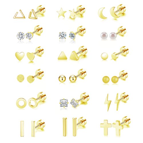 18 Pairs Tiny Cartilage Stud Earrings for Women Men Star Moon Heart Disc Ball CZ Small Screwback Flat Back Stud Earrings Stainless Steel Geometric Barbell Flatback Earrings Piercing Set
