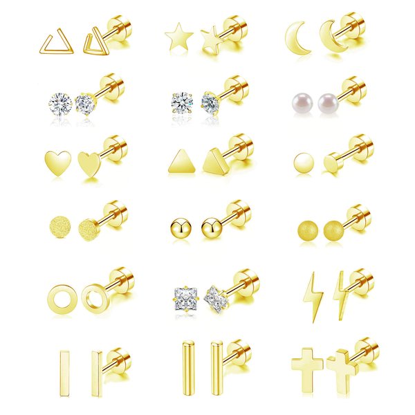 18 Pairs Tiny Cartilage Stud Earrings for Women Men Star Moon Heart Disc Ball CZ Small Screwback Flat Back Stud Earrings Stainless Steel Geometric Barbell Flatback Earrings Piercing Set