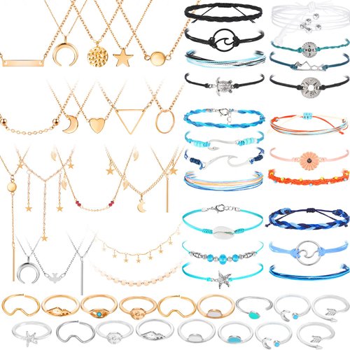 Batiyeer 60 Pcs Surfer Wave Strand Bracelet Summer Layered Choker Pendant Necklace Adjustable Multilayer Chain Necklaces Adjustable Handmade Sunflower Rope Anklets Knuckle Rings (Cute)