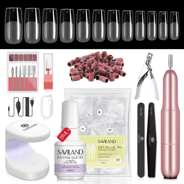 SAVILAND Square Gel X Nail Kit – Nail Kit with Nail Drill 500PCS Medium Nail Tips 0.5Oz 4-in-1 Nail Glue Gel & U V/LED Nail Lamp Nail Art Design Acrylic Nail Kit Home Salon Christmas Gifts For Women