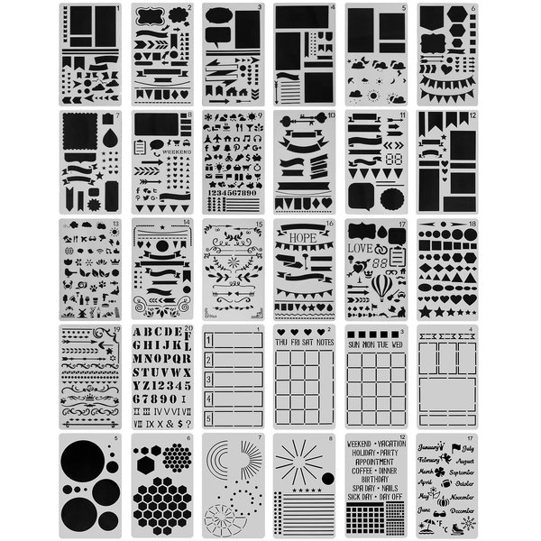 CH HAICHENG 30 PCS Journal Stencils, Planner Stencils for Bullet Dot Journal Notebook Diary Scrapbook Drawing Template Stencils for Journaling 4x7 Inch