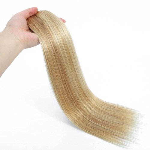 Clip in Hair Extensions 120g Dark Blonde Highlighted Bleach Blonde Clip in Hair Extensions Real Human Hair 8PCS Straight Double Weft Human Hair Clip in Hair Extensions(18/613,14inch)