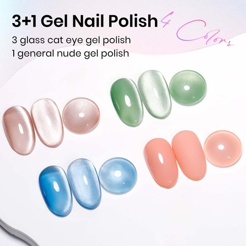 MIZHSE Moonlight Cat Eye Gel Nail Polish, Magnetic Gel Polish Set with Sheer Pink Nail Gel and 1 Magnet Stick, Glossy Effect Nail Gel Green Blue Pink Soak Off UV/LED Nail Art Salon Manicure Home Gift