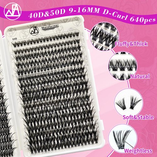 Marsfarmer 640pcs Lash Clusters Kit - 9-16mm 40D+50D D Curl Individual Lashes Clusters, DIY False Eyelashes Clusters Extension with Lash Cluster Applicator Tweezer