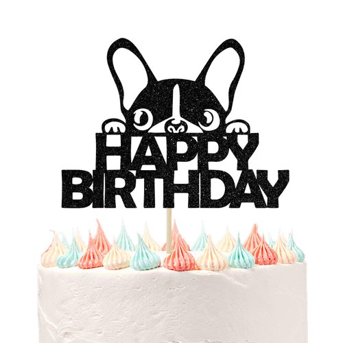 Ferastar Happy Birthday Dog Cake Topper, Dog Birthday Theme Picks for Pet Party Decorations Supplies Black Glitter.