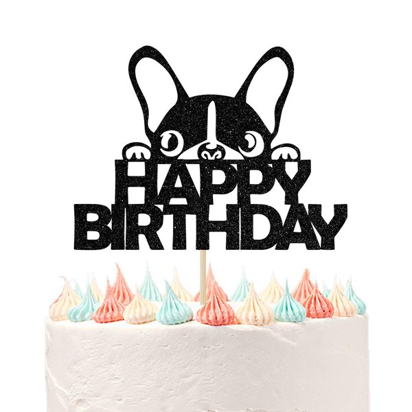 Ferastar Happy Birthday Dog Cake Topper, Dog Birthday Theme Picks for Pet Party Decorations Supplies Black Glitter.