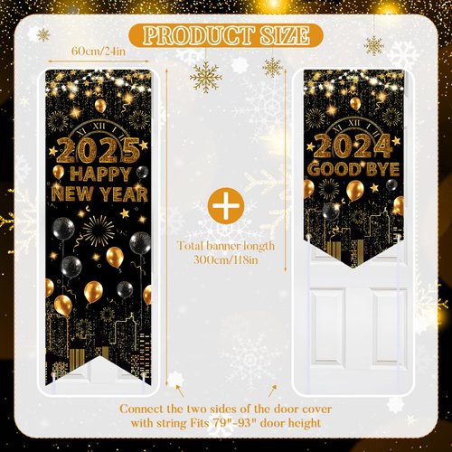 2025 Happy New Year Door Cover Black and Gold Happy New Year 2025 Door Banner 2025 New Year Party Decorations New Year Eve Party Supplies Double Sided 2024 Good Bye Banner Backdrop for Indoor Outdoor