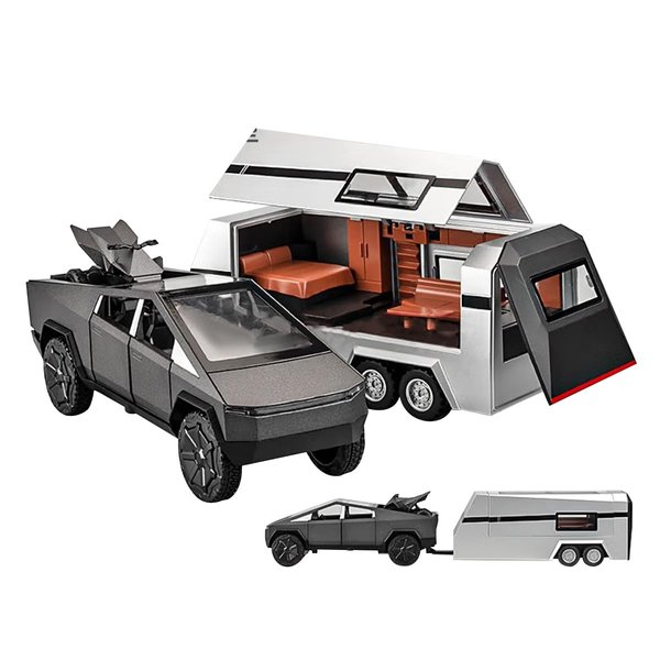 1/32 Pickup Trailer RV Model Kit, Off-Road Vehicle Alloy,Car Model Diecast Metal Toy,Truck Model Simulation Sound Light,Gifts for boy Girl. (with RV Black)