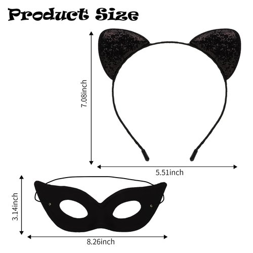 ACO-UINT Cat Ears Headband and Cat Mask Set, Black Cat Hairband Cat Mask Costume Cat Birthday Party Decoration, Party Favors Halloween Mask for Adult