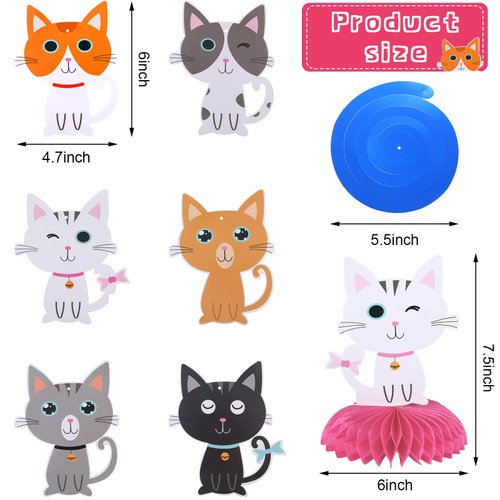 Chinco 16 Pcs Cat Theme Birthday Party Decorations Party Supplies Kit, Includes Cat Party Banner with 6 Cat Hanging Cutouts 6 Hanging Swirl Decor and 3 Birthday Honeycomb Party Decoration(Cool Style)