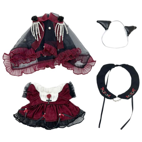 niannyyhouse 20cm Plush Doll Clothes Pearl Veil Dress Headdress Collar Dark Rose Outfit 8in Dolls Dress Up Accessories (Red)