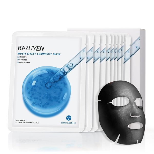 RAZUYEN Facial Repair Sheet Mask with Sodium Hyaluronate, Panthenol, Crithmum Maritimum Extract, Hydrating, Moisturizing & Soothing, Sensitive Skin, Face Mask 10 Sheets