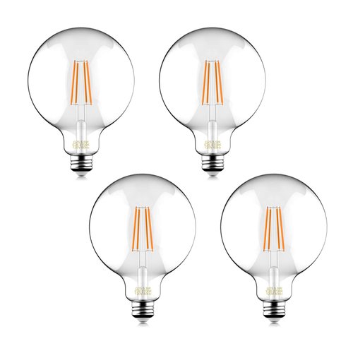 Helloify 60W Equivalent Dimmable 5.5W Decorative Globe Vintage LED Edison Filament Bulbs, 500 lumens, Clear Glass, 2700K Soft White Light, E26 Screw Base, 4PCS