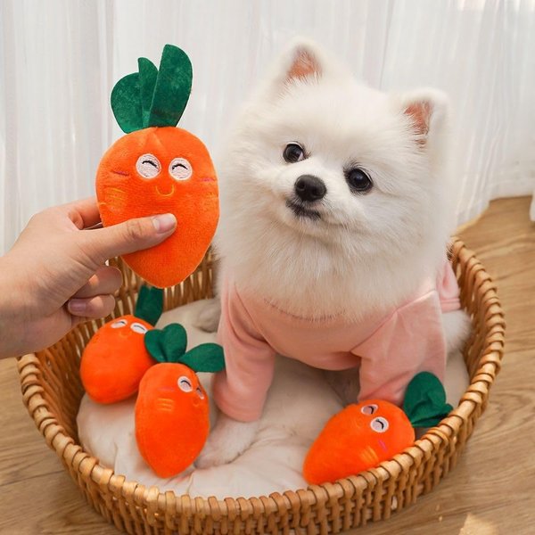 Jinshining 4 Pcs Orange Soft Dog Toys Cute Carrot Plush Chew Squeaker Plush Dog and Cat Toys with Multi-Squeaks Sound Pet Puppy Supplies, Squeak Toys