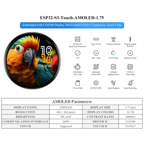 ESP32-S3 1.75inch AMOLED Round Touch Display Development Board, 466×466 Pixels, QSPI Interface, Onboard Dual Digital Microphone Array, Supports AI Speech Interaction, with Speaker