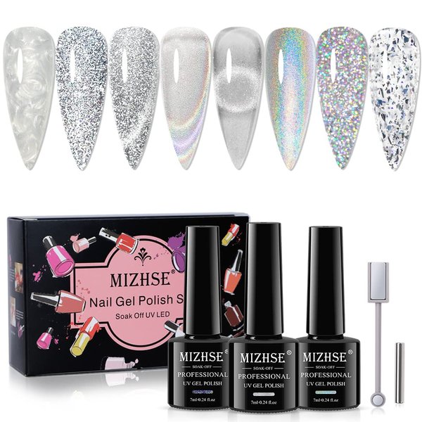 MIZHSE Silver Glitter Gel Nail Polish Set 8 Pcs, Multiple Style All in 1 Shimmer Reflective Rainbow Cat Eye Holographic Pearl Gel Polish With Magnet 7ml