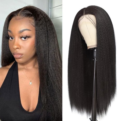 Kinky Straight Synthetic Lace Front Wigs for Women Glueless Lace Wigs Synthetic Long Yaki Straight Lace Front Wig Natural Wig Heat Resistant Fiber Natural Black Hair Wig With Baby Hair 24 Inch 13x4x1