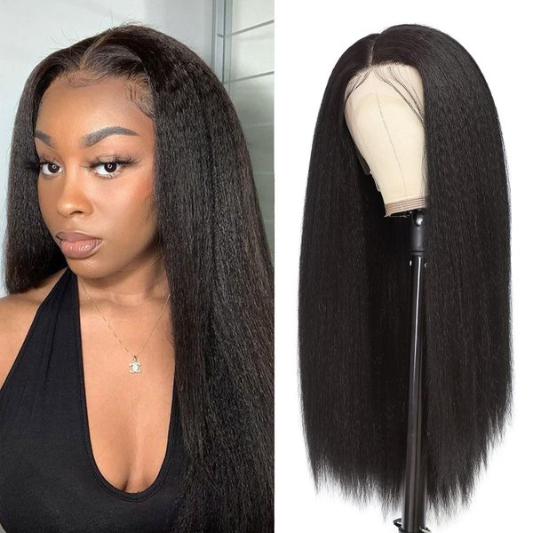 Kinky Straight Synthetic Lace Front Wigs for Women Glueless Lace Wigs Synthetic Long Yaki Straight Lace Front Wig Natural Wig Heat Resistant Fiber Natural Black Hair Wig With Baby Hair 24 Inch 13x4x1
