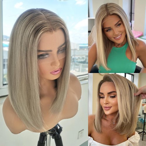 Byluxurious Ash Blonde Ombre Lace Front Wig Human Hair Bob Wig Short Highlight Balayage Straight 13x4 HD Lace Front Human Hair Wigs For Women Pre Plucked 180 Density 12Inch