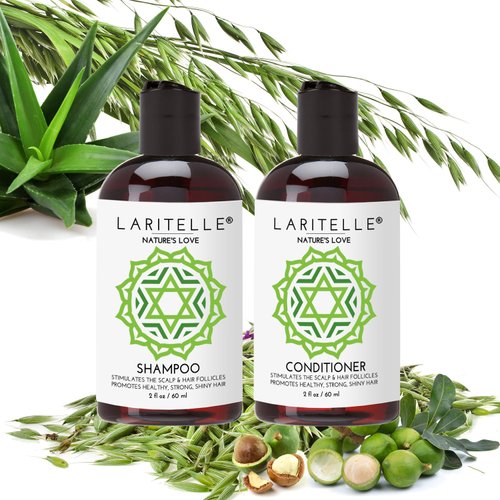 Laritelle Organic Travel Size Shampoo 2 oz + Travel Size Conditioner 2 oz | Organic Quinoa + Keratin + Follicle Stimulating Rosemary, Ginger & Grapefruit | NO GMO. Vegan