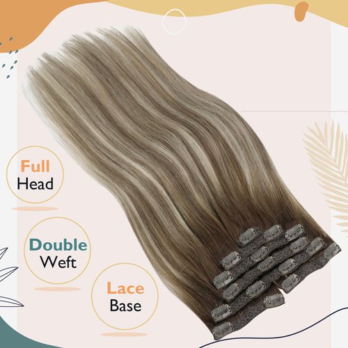 Ve Sunny Balayage Clip in Hair Extensions 22inch Real Hair Clip in Extensions Ombre Human Hair Extensions Clip ins Dark Brown to Light Brown with Blonde Balayage Clip on Hair Extensions 120g 7pcs