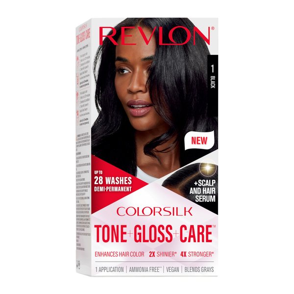 Revlon ColorSilk Tone + Gloss + Care Demi Permanent Hair Color, Hair Dye with Leave in Scalp and Hair Serum, 2x Shinier, 4x Stronger, 1 Black, 4.5 fl. oz