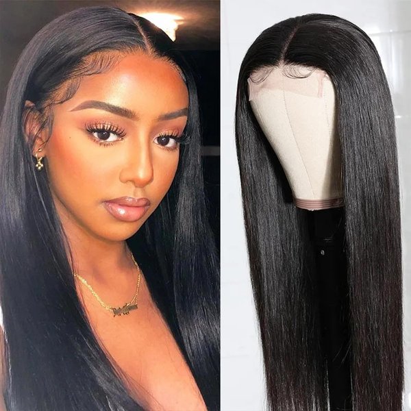 Generic Lace Front Wigs Synthetic Artificial Hair Pre-Plucked Straight Wig Transparent Lace Frontal Wigs for Black Women Lace Front Closure Glueless Black Straight Wigs 26 inch