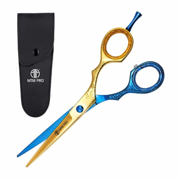 MTM PRO Professional Razor Edge Barber Hair Cutting Scissors - Japanese Stainless Steel Salon Scissors - 6.5” Overall Length - Fine Adjustment - Blue and Gold Titanium