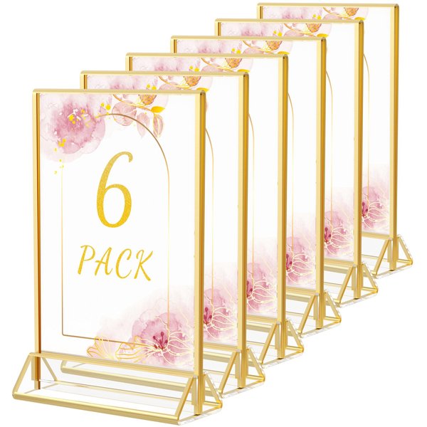 HIIMIEI Acrylic Gold Frames Sign Holders 4x6, Double Sided Table Menu Display Stand, Wedding Table Numbers Holder(6 Pack)