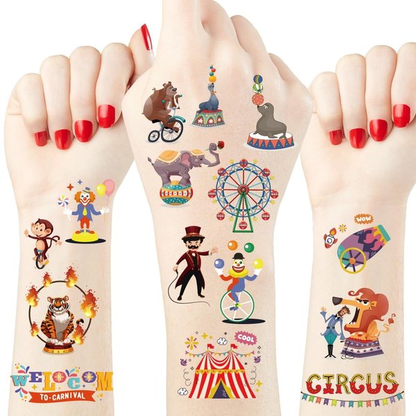 Crazy Night Circus Party Temporary Tattoos - 78 Styles,Circus Theme Party Decorations,Carnival Party Favors for Kids,Circus Birthday Party Supplies