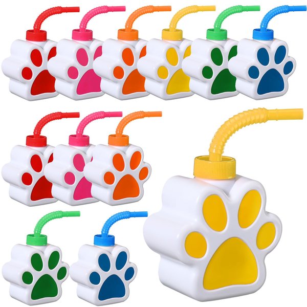Sratte 10 oz Dog Paw Cups with Straw and Lid Dog Themed Birthday Party Supplies, Cute Print Plastic Puppy Drinking Cup Bulk for Kids Birthday Dog Theme Party Favors Decoration(12 Pcs)