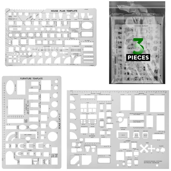 ENJOYLink 3 Pcs Interior Design Drawing Templates Including a House Floor Plan Template, a Furniture Template and an Interior Design/Kitchen/Bedroom Reusable Stencils for Drawing & Drawing Tools