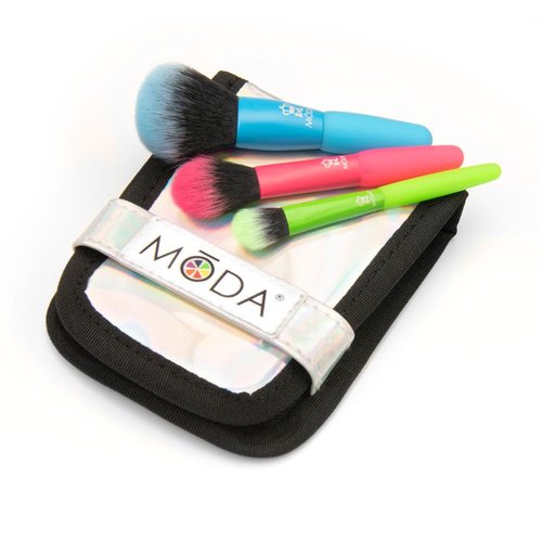 MODA Minis Totally Electirc Face 4pc Makeup Brush Kit – Travel-Size Vegan Brushes with Neon Handles for Face & Eyes